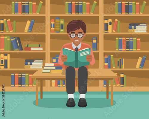 Boy engrossed in reading book in library, illustration of studying on desk with bookshelf backdrop, vector design