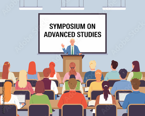 Academic Symposium Vector Illustration: Professor Lecturing Students in Auditorium, Advanced Studies Conference.