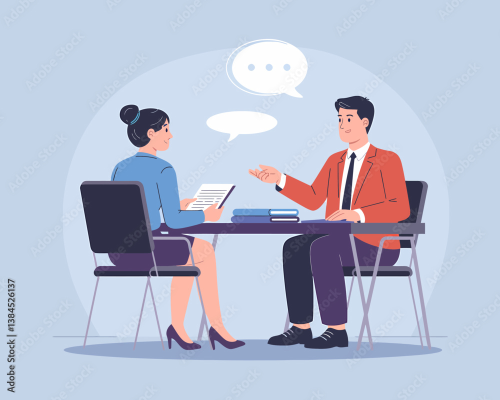 Job Interview Illustration: Candidate and Interviewer Discussing Over Desk with Speech Bubbles, Ideal for Career and Recruitment Themes Job Interview Illustration: Candidate and Interviewer Discussing Over Desk with Speech Bubbles, Ideal for Career and Recruitment Themes