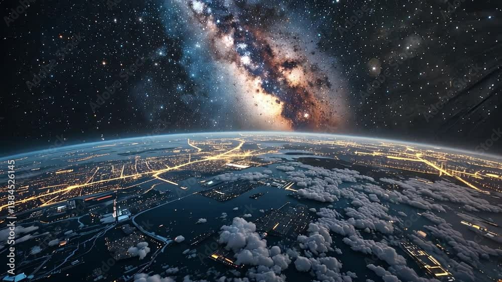 4K view of planet earth from outer space with visible stars and glowing cities at night, showing the beauty of our world and cosmic background in full resolution