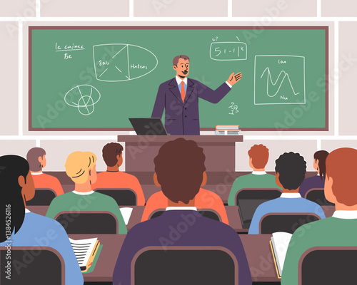 Engaging Lecture: Professor Teaches Concepts to Students in Classroom with Blackboard Diagrams and Laptop