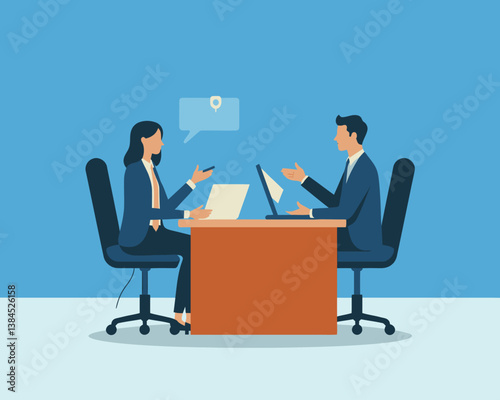 Job Interview Illustration: Two Professionals Discussing Work at a Desk with Laptops, Promoting Communication and Collaboration