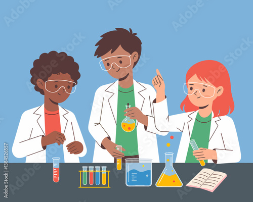 Enthusiastic Young Scientists Experimenting in a Lab: Science Education Vector Illustration