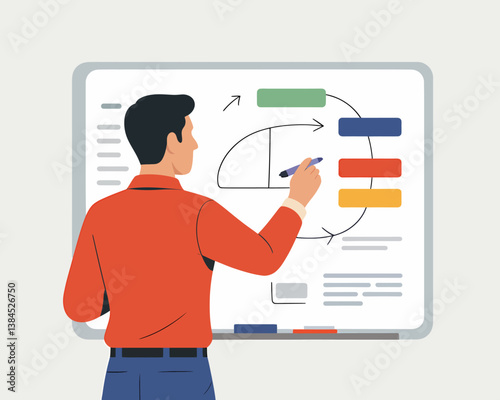 Visualizing workflow process: Man drawing circular diagram on whiteboard for presentation