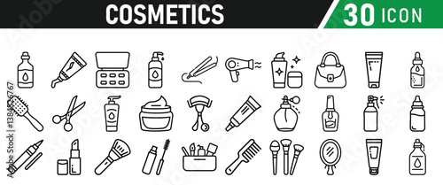Cosmetic line icons set. Include icon - cream, collagen, mask, makeup lotion, serum, sunscreen outline pictogram for skincare product. Icons Collection