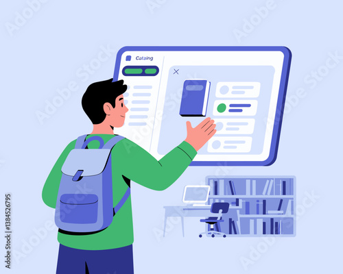 Student Using Library App: Digital Books, Education Technology, and Modern Learning in Library Setting