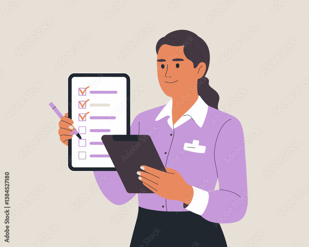 Woman with checklist holding clipboard. Task completion, planning, and goal setting concept. Achieving goals. Woman with checklist holding clipboard. Task completion, planning, and goal setting concept. Achieving goals.