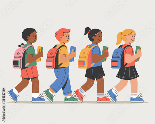 Diverse Group of Students Walking to School with Backpacks and Books Illustration