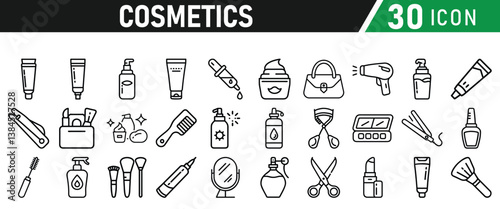 Cosmetic line icons set. Include icon - cream, collagen, mask, makeup lotion, serum, sunscreen outline pictogram for skincare product. Icons Collection