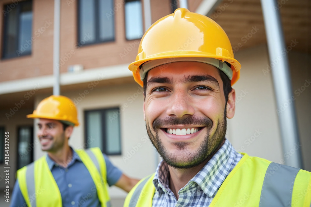 two construction workers standing in front of a building two construction workers standing in front of a building