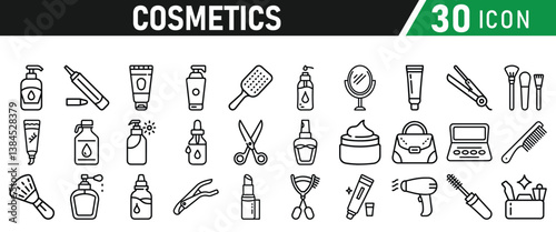Cosmetic line icons set. Include icon - cream, collagen, mask, makeup lotion, serum, sunscreen outline pictogram for skincare product. Icons Collection