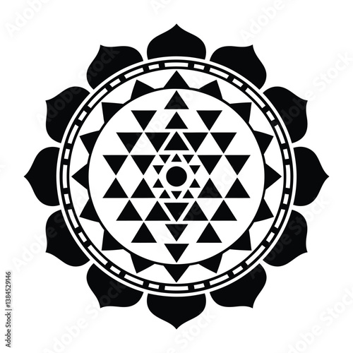 Hindu Sri Yantra Mandala Design, Silhouette, Vector, Icon, Logo, White Background.