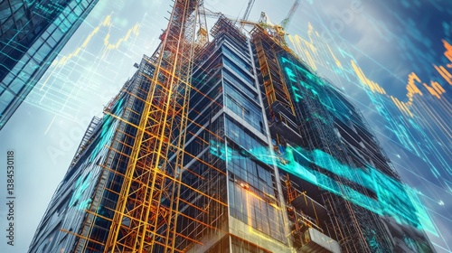 Modern skyscraper under construction with digital overlay of financial data and market trends in urban environment