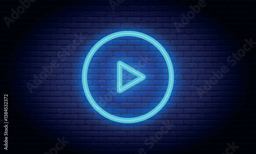 Play button icon. Neon shine play button with neon circle. Glowing a play button on black background and is perfect for multimedia projects .Play right navigate triangle arrow start button.