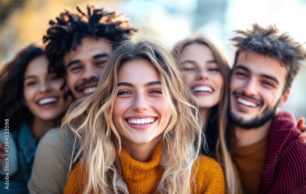 Fototapeta premium Happy friends taking selfie outdoors with face masks enjoying sunny weather together
