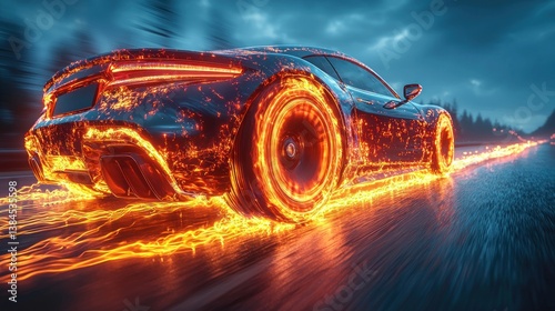 Energetic journey concept with super car speeding on highway at night
