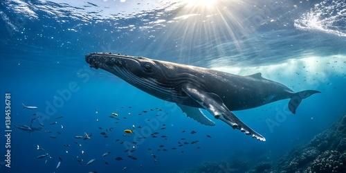 Humpback whale swimming with calf in sea Close up of humpback whale Coming to surface to breathe
