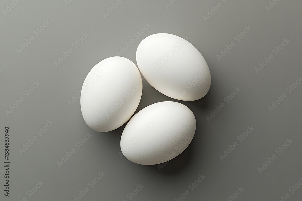 Three White Eggs Close Up Grouping on Gray Backdrop, Top View Food Still Life