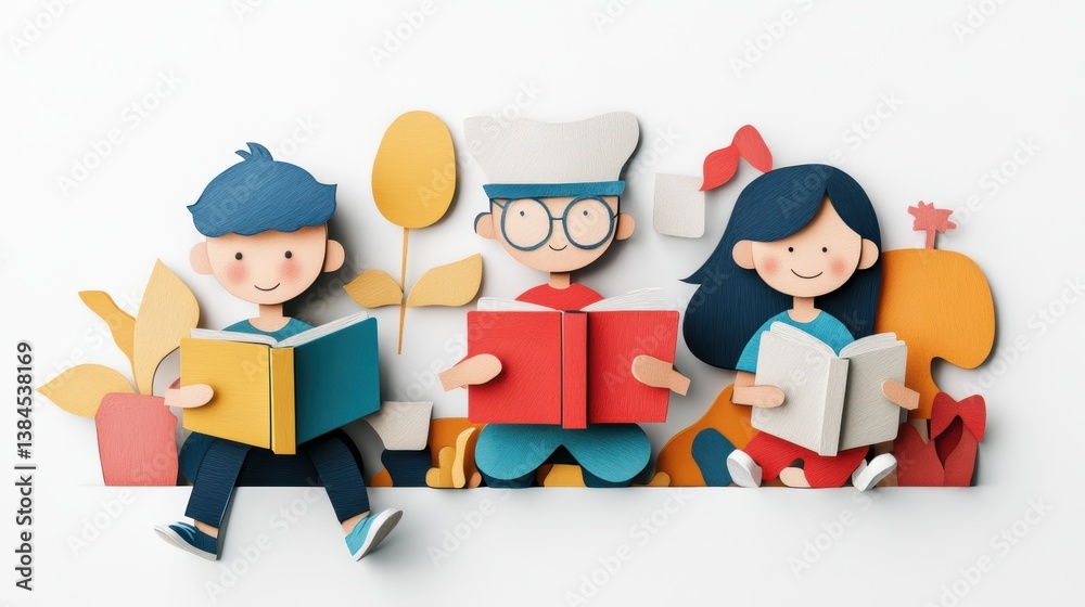 Engaging young minds, children reading books on a white background promoting literacy Engaging young minds, children reading books on a white background promoting literacy