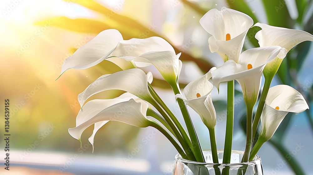 Fototapeta premium Elegant White Calla Lilies in Glass Vase with Sunlight Backdrop and Soft Focus Background