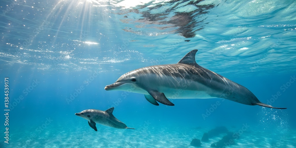 Fototapeta premium Beautiful dolphin captured in action during sunset jump, evoking serenity, nature’s beauty, and ocean life. Great white shark underwater view, Guadalupe island, Mexico. 