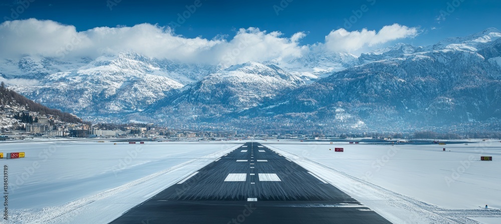 Airport runway surround by snow with mountain landscape background. Generative AI technology.