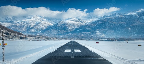 Obraz na płótnie Airport runway surround by snow with mountain landscape background. Generative AI technology. w salonie