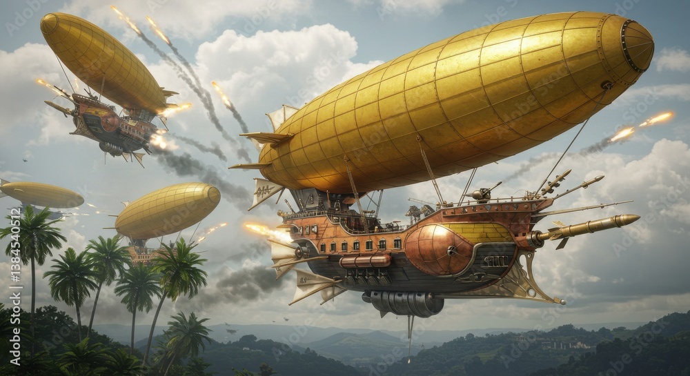 Fototapeta premium Golden airships flying over tropical islands in a steampunk fantasy battle scene with explosions