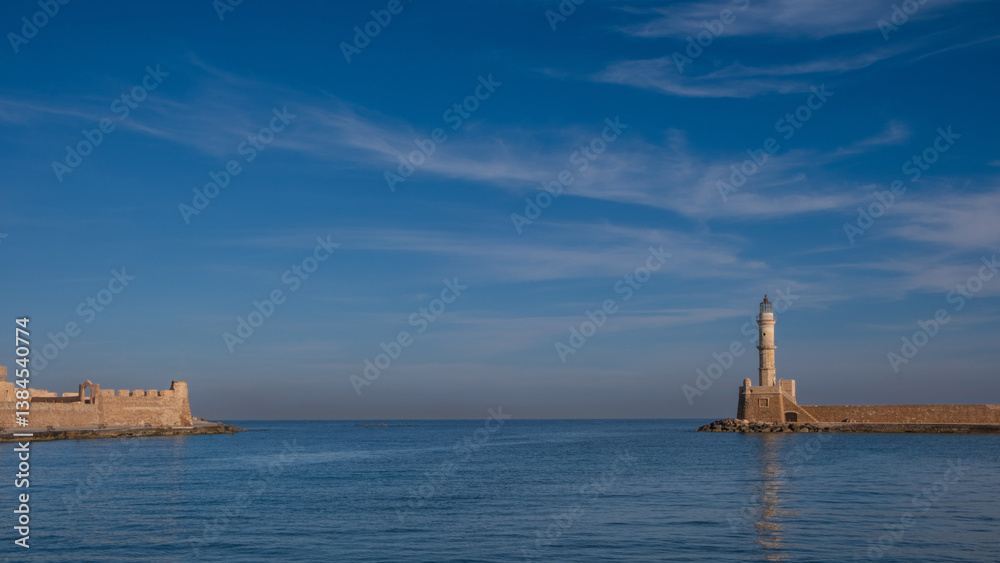 Historic stone lighthouse at Chania in Crete with wispy clouds and the blue waters of the Aegean Historic stone lighthouse at Chania in Crete with wispy clouds and the blue waters of the Aegean