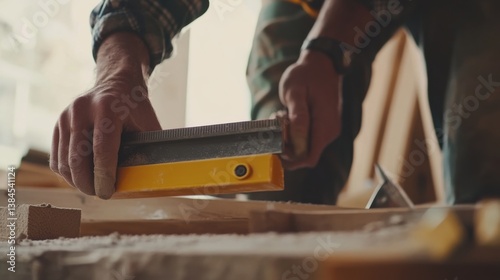 A construction worker checking the level of a surface at a job site. Featuring precision and expertise