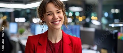 A smiling woman in a red blazer stands in an office environment, exuding confidence and positivity amidst a blurred backdrop of workstations and lights.