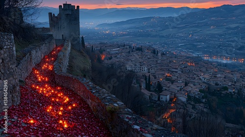 Enchanting Sunset View Candles and Petals on Ancient Castle Wall Overlooking Illuminated Medieval photo