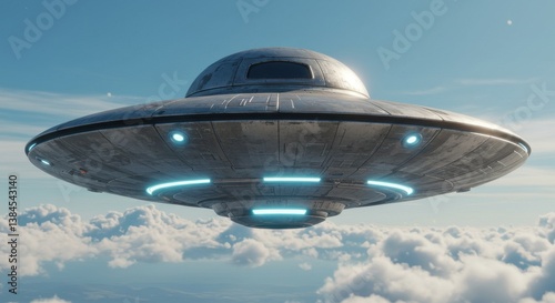 Flying saucer with glowing lights hovering above puffy white clouds in a bright blue sky during daytime