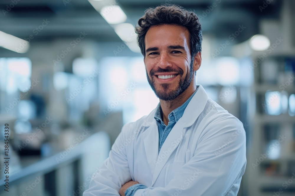 Obraz premium Smiling scientist in lab coat. Ideal for healthcare, research, and innovation themes.