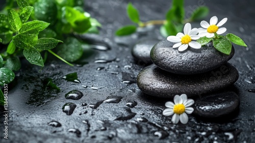 Serene Spa Still Life Stacked Stones, Daisies, and Dewdrops on Dark Surface