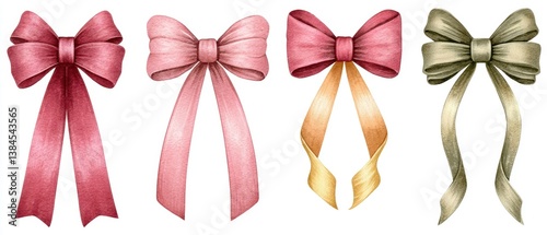 A collection of four beautifully designed bows in various colors, showcasing elegant ribbons perfect for gifts or decorations.