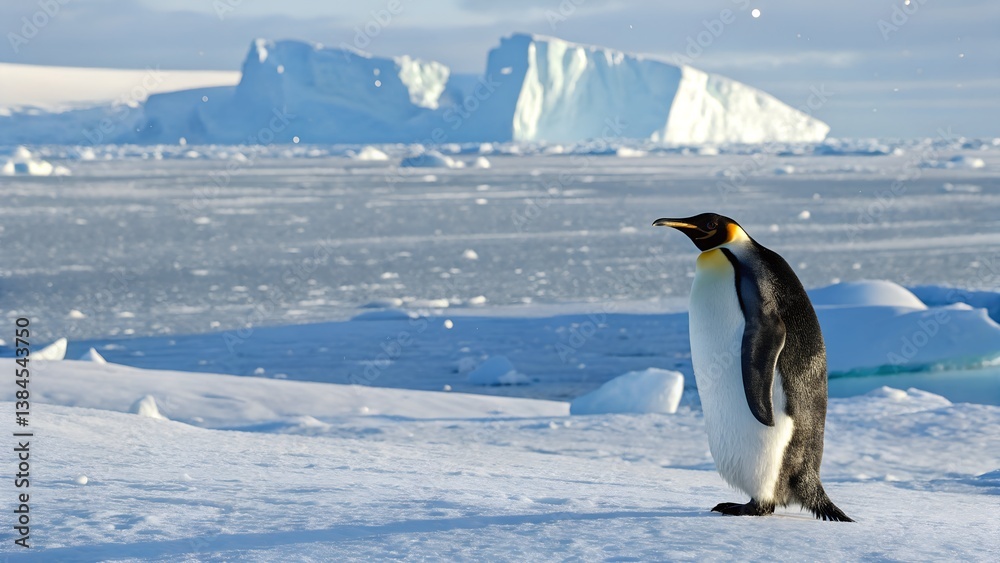Fototapeta premium Beautiful wildlife photo of emperor penguin on ice, emphasizing natural habitat and environmental purity. Antarctica, Snow Hill Island, emperor penguins on ice 