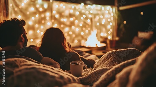 Romantic Couple Cozy Night In Fire Fairy Lights Winter Warmth