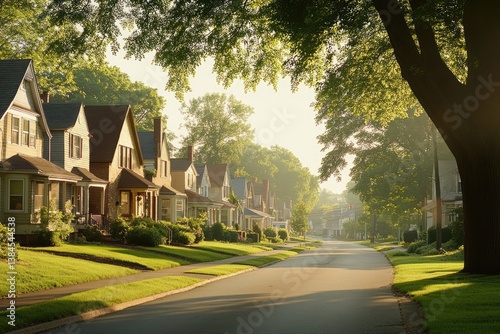 Sunlit street lined with charming houses on a summer morning, idyllic suburban scene.