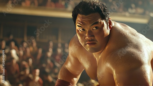 Powerful Sumo Wrestler Preparing for Match in Traditional Japanese Setting