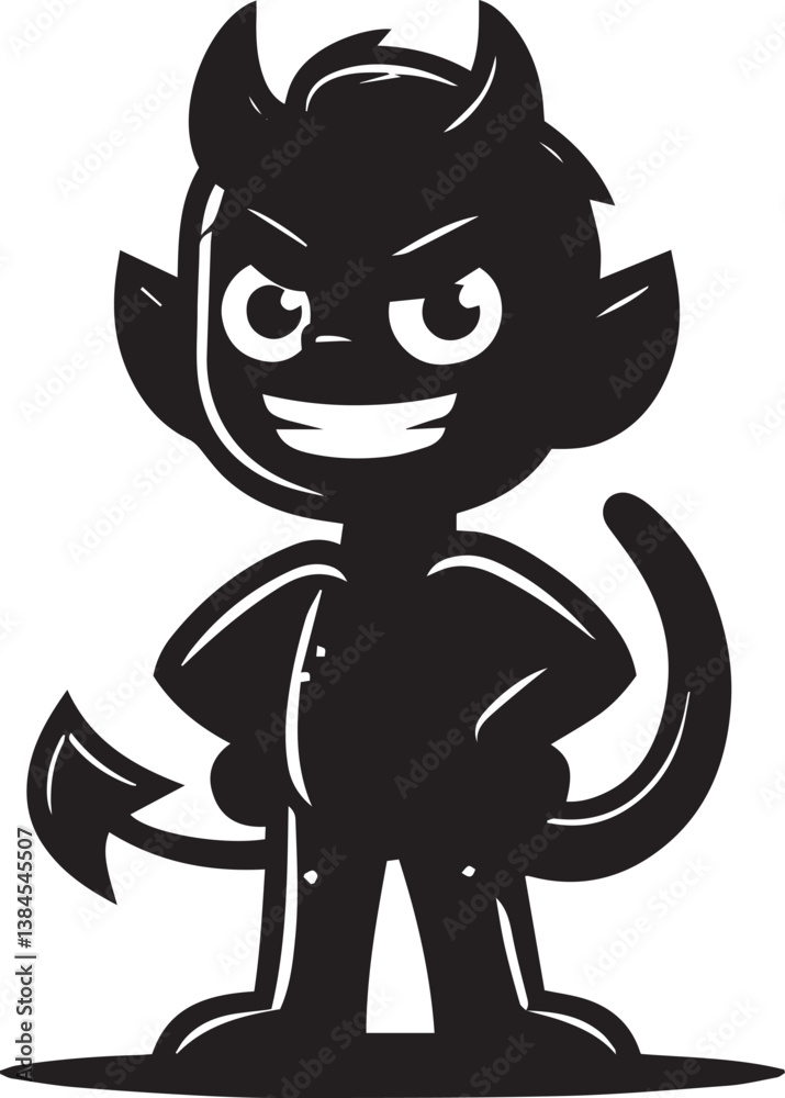 Obraz premium A cartoon devil character with red skin, a mischievous grin, and sharp teeth stands confidently with hands on hips.