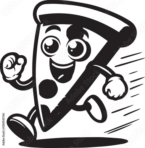 A cartoon slice of pizza with a smiling face and large eyes, running joyfully. 