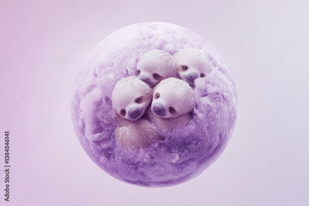 Fototapeta premium Four adorable baby sloths huddle together inside a purple, bubbly orb.