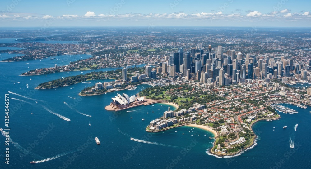 Naklejka premium Aerial view of sydney harbor with opera house and cityscape on a sunny day showcasing boats