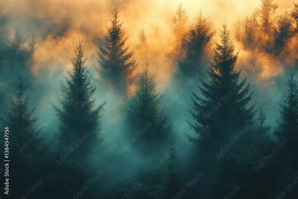 Misty forest shrouded in golden ethereal light. Misty forest shrouded in golden ethereal light.
