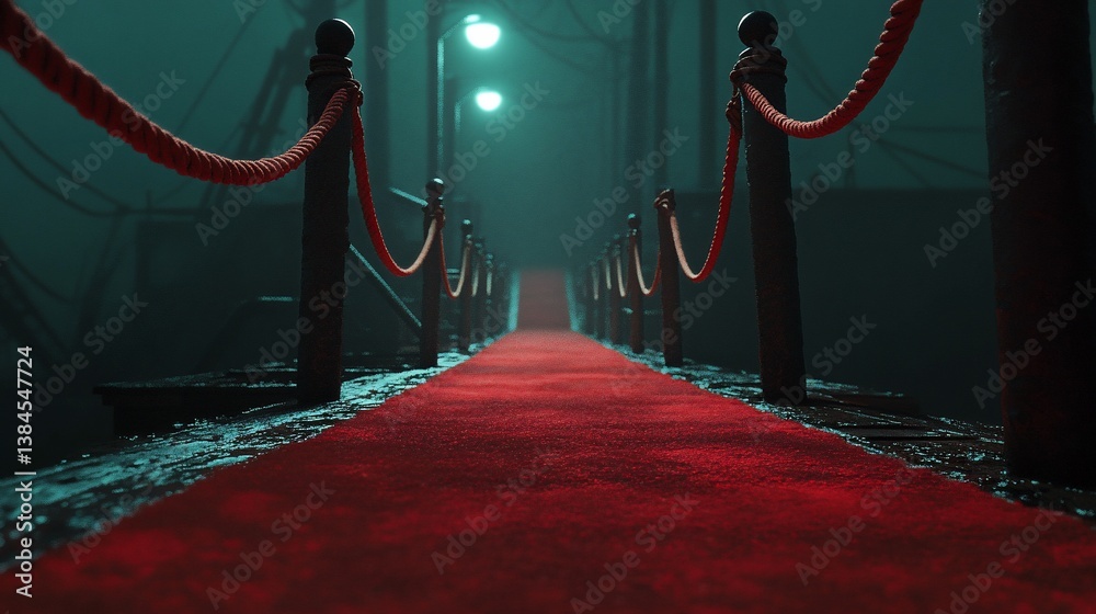 Fototapeta premium Red carpet path, pier, night, fog, event