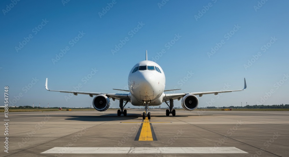 A white airplane sits on the runway ready for takeoff on a bright and clear sunny day outside airport A white airplane sits on the runway ready for takeoff on a bright and clear sunny day outside airport