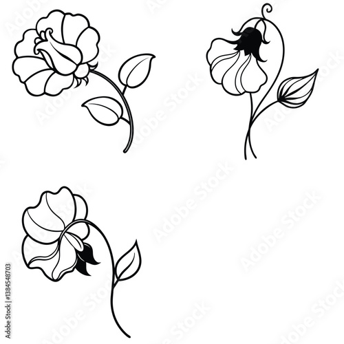 A sweet pea flower icon with delicate, ruffled petals on a climbing 
vine. 