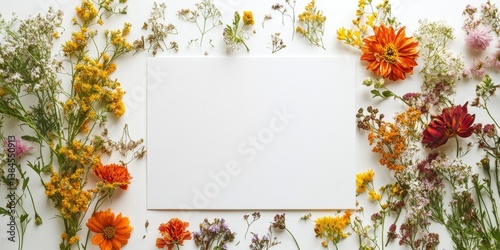 Colorful flowers and blank white card decorate a clean background