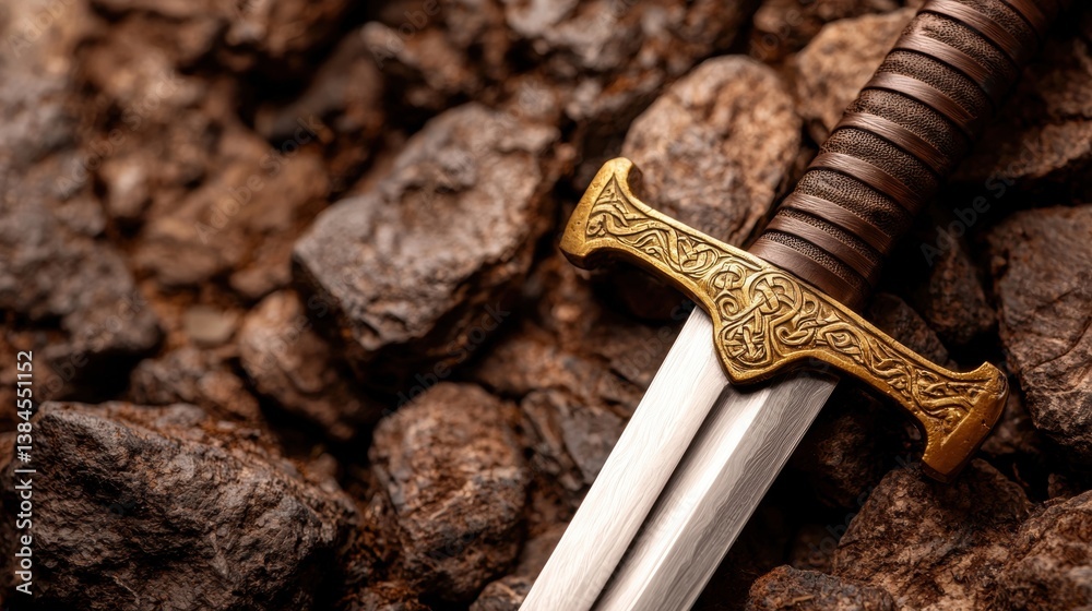 A close-up of an ornate sword resting on a bed of dark rocks, showcasing its intricate hilt and gleaming blade.